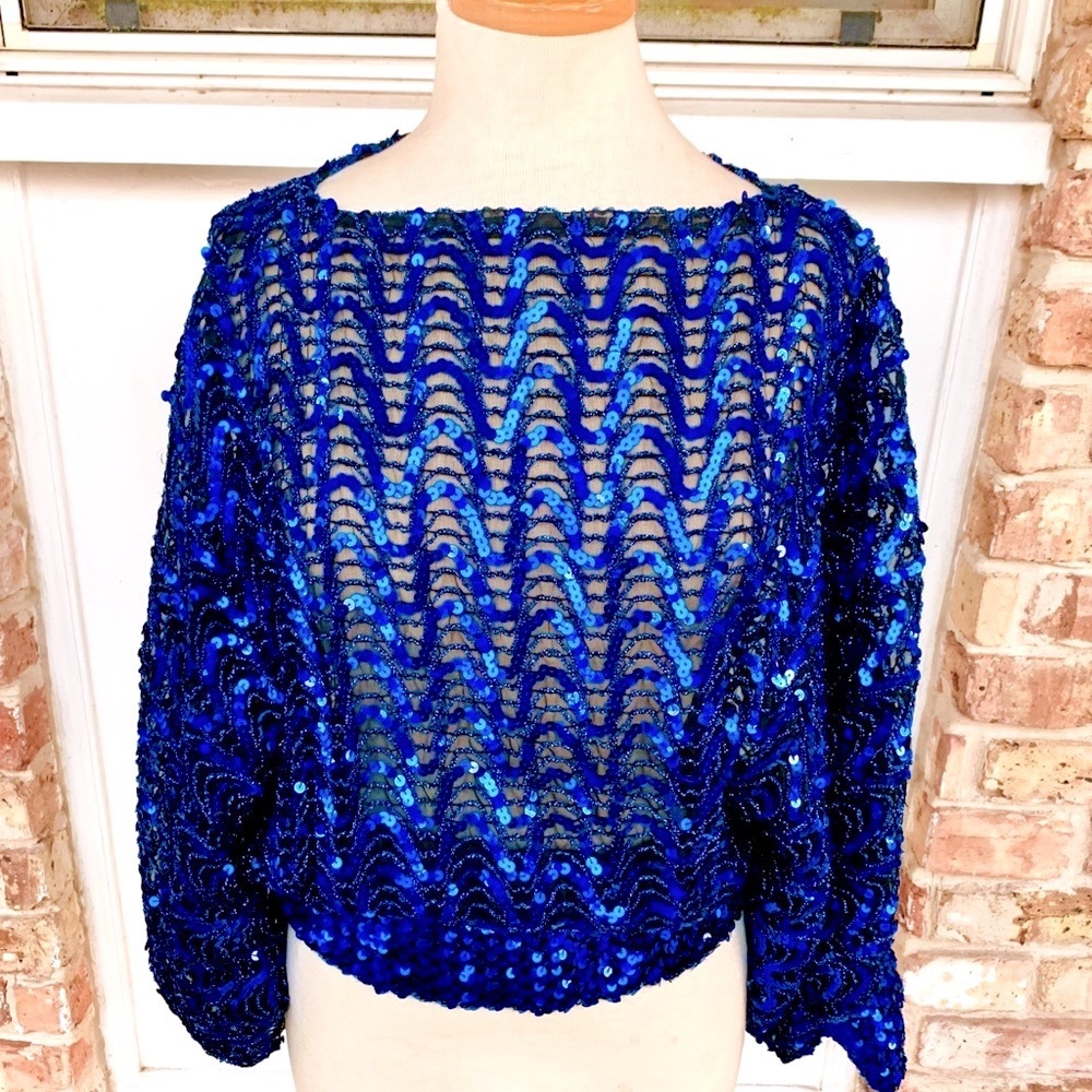 Vintage 1980’s royal blue loose fit sequin batwing disco party top L/XL EUC